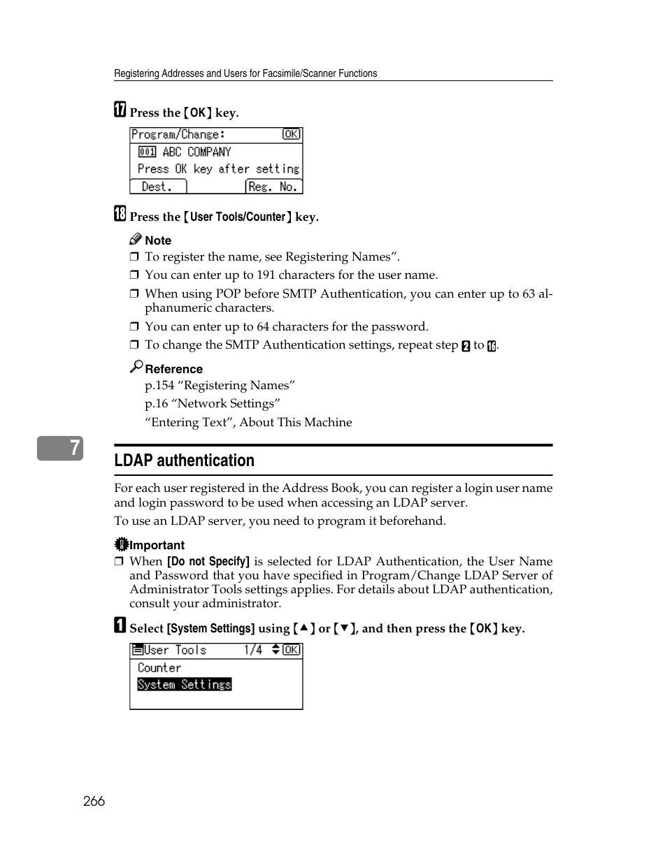 Ldap authentication, P.266 “ldap authentication | Ricoh Aficio ISC 615G User Manual | Page 274 / 318
