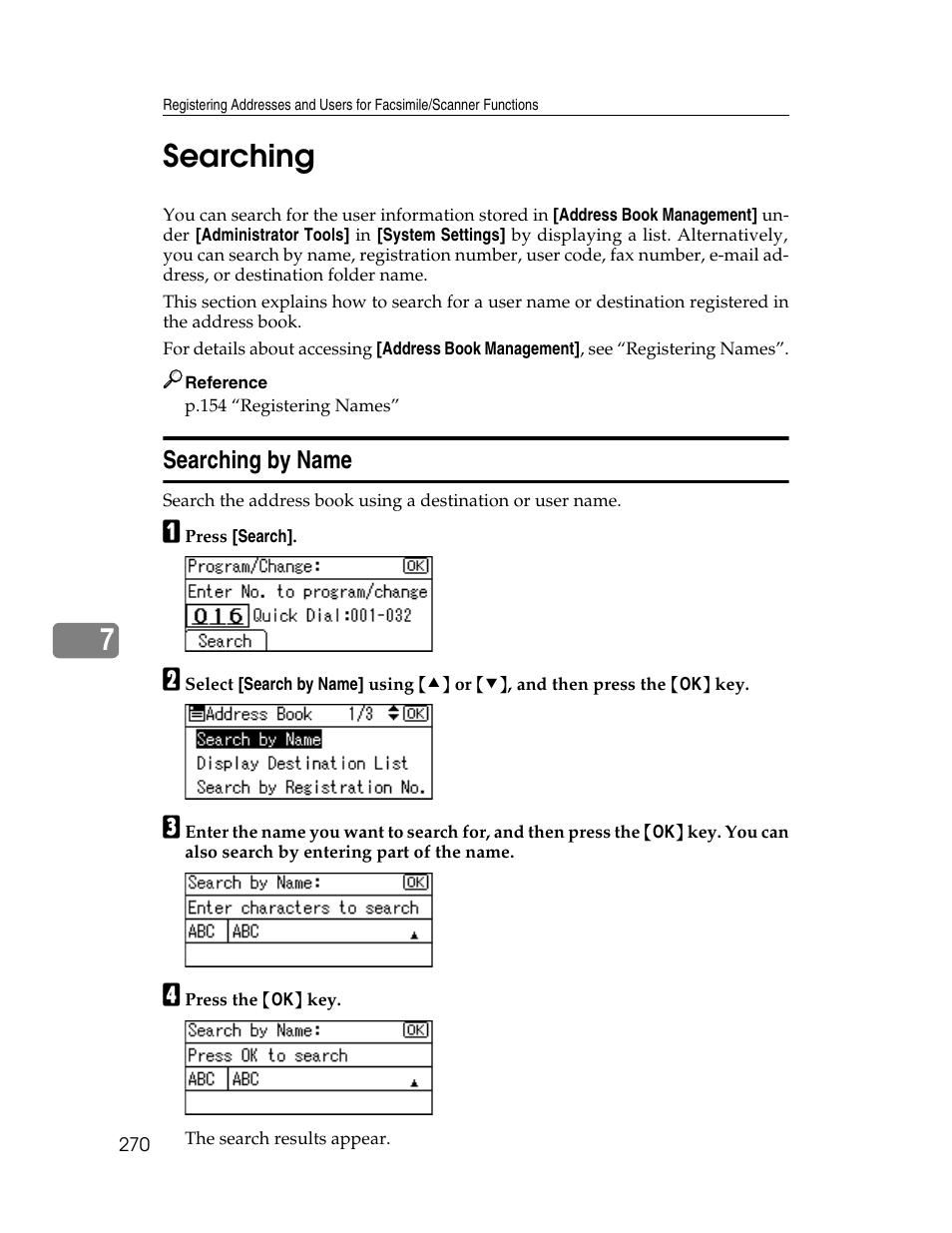 Searching, Searching by name, 7searching | Ricoh Aficio ISC 615G User Manual | Page 278 / 318