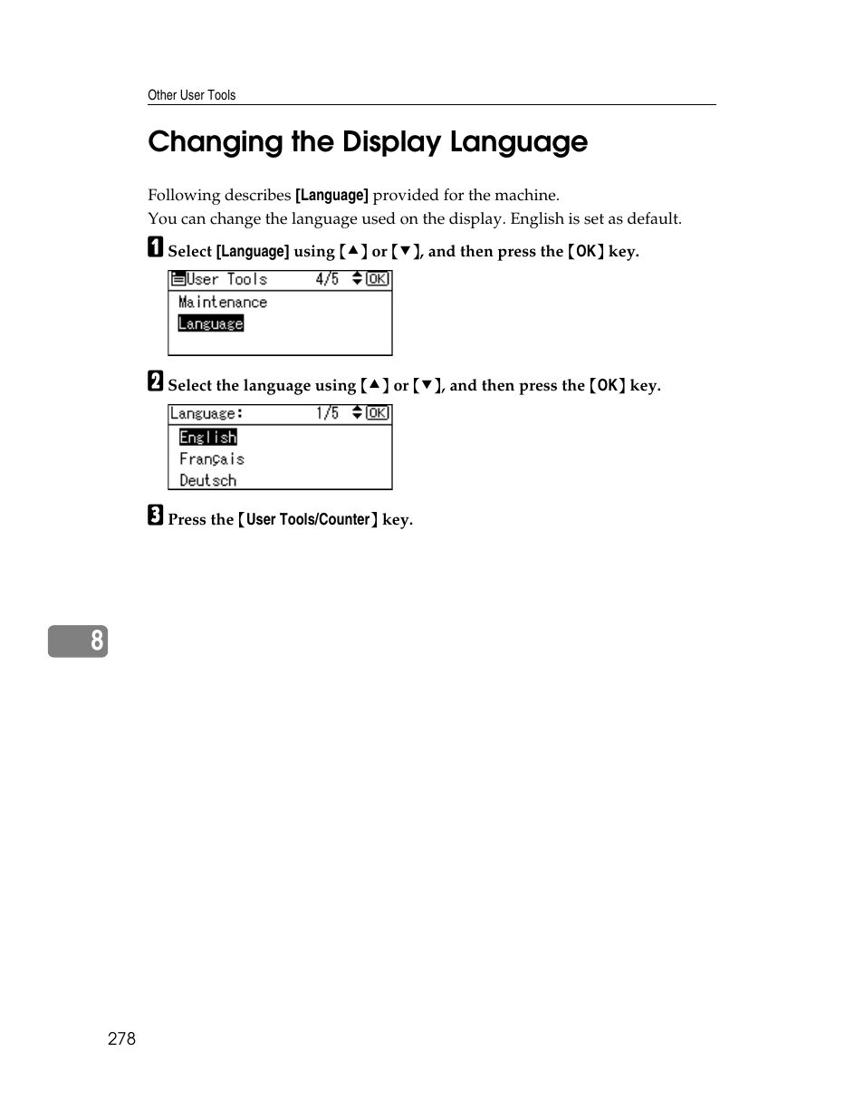 Changing the display language, 8changing the display language | Ricoh Aficio ISC 615G User Manual | Page 286 / 318