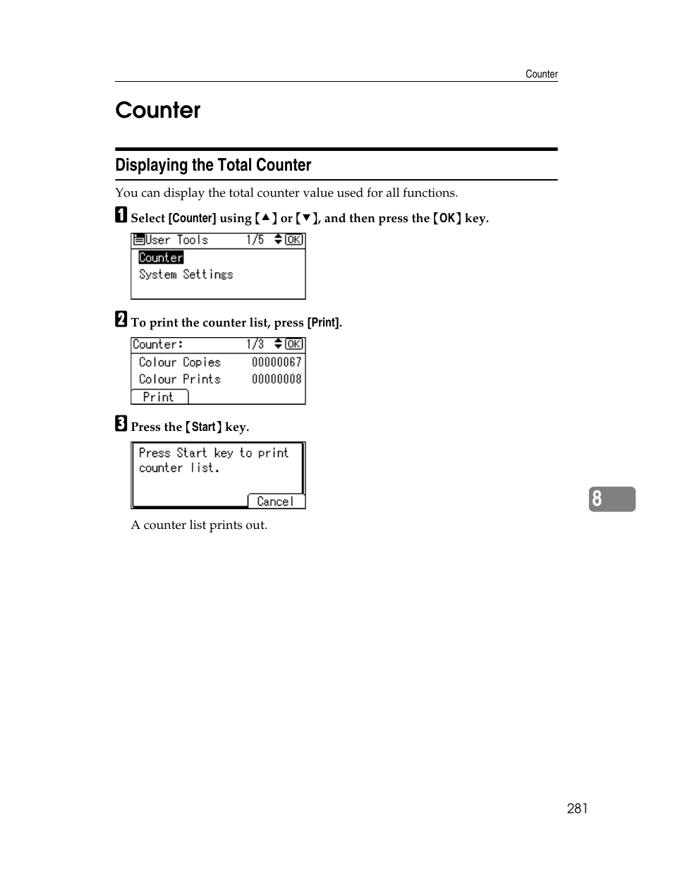 Counter, Displaying the total counter, P.281 “counter | 8counter | Ricoh Aficio ISC 615G User Manual | Page 289 / 318
