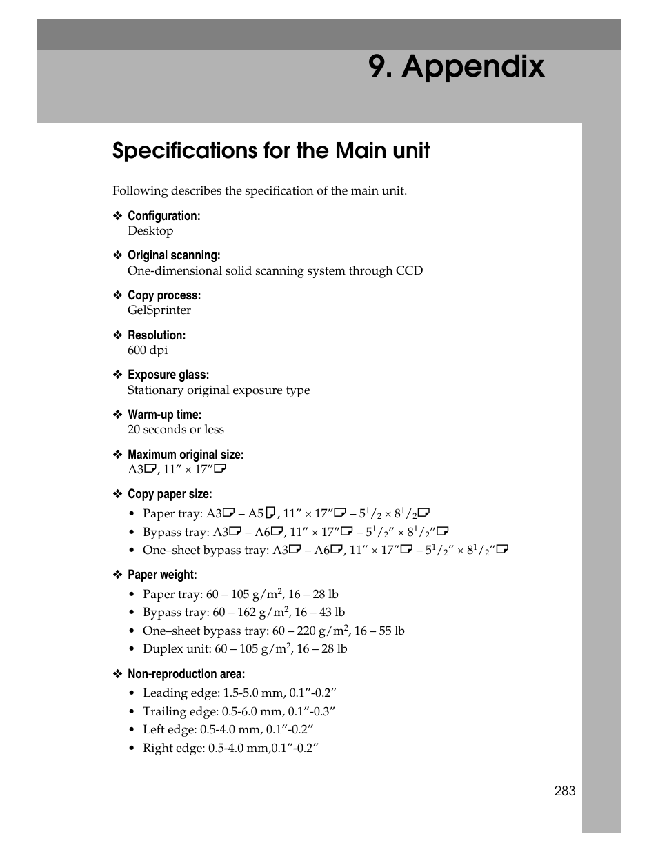 Appendix, Specifications for the main unit | Ricoh Aficio ISC 615G User Manual | Page 291 / 318