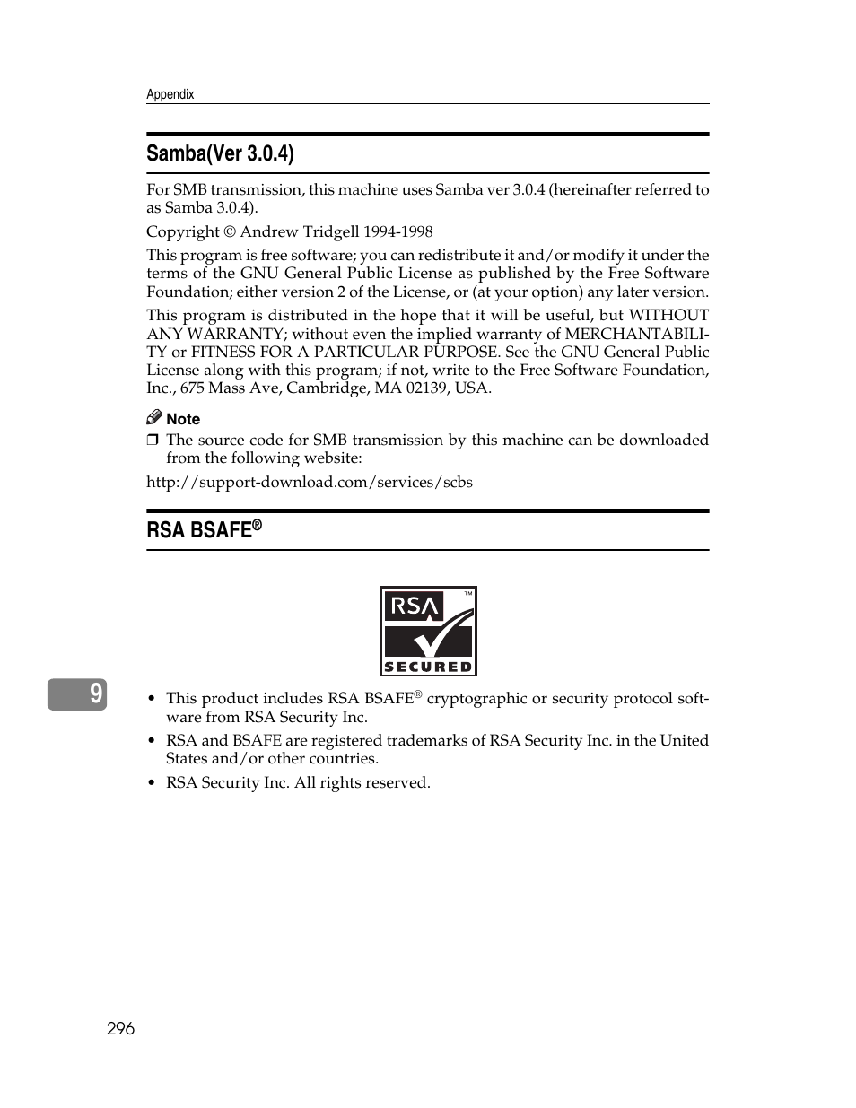 Samba(ver 3.0.4), Rsa bsafe | Ricoh Aficio ISC 615G User Manual | Page 304 / 318
