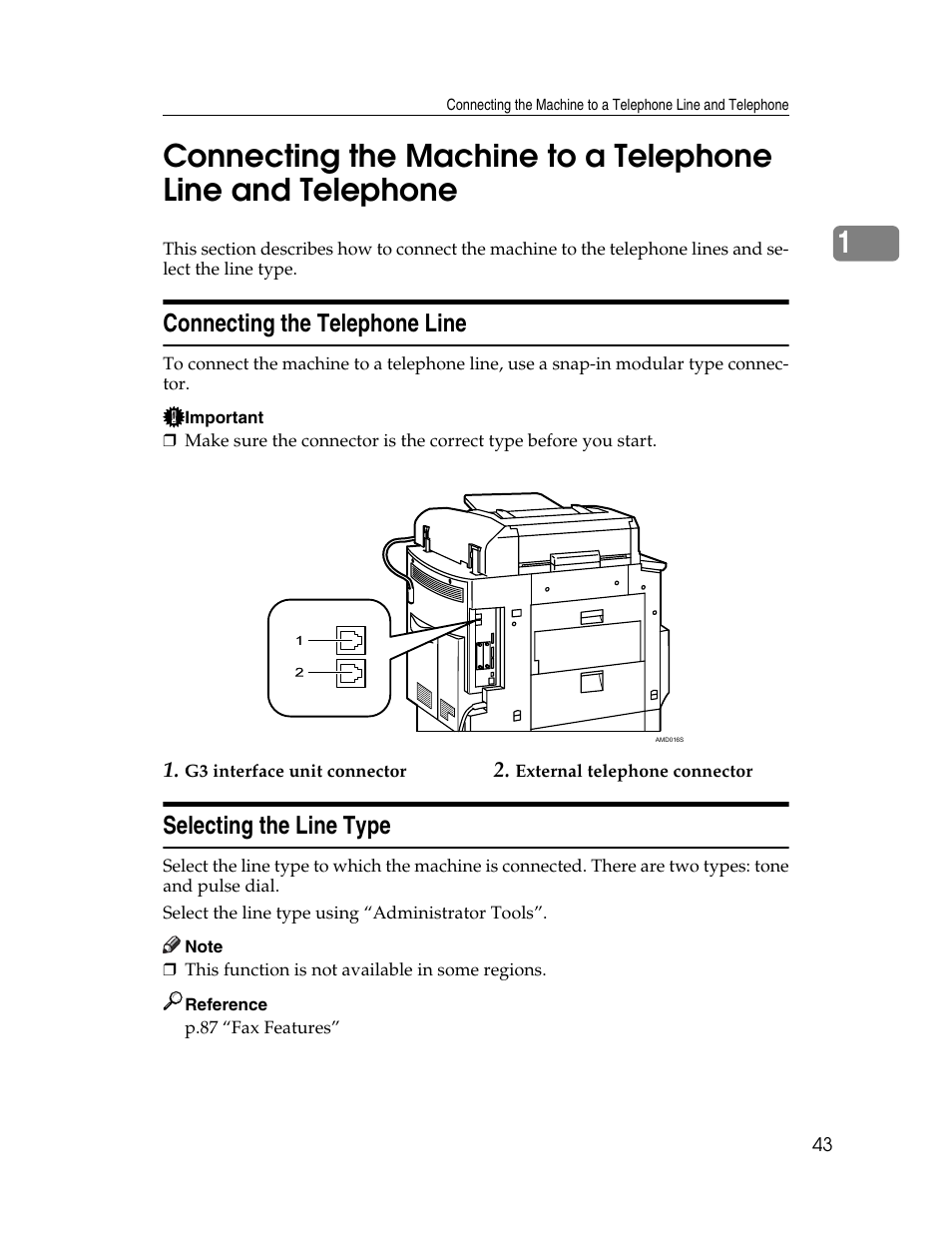 Connecting the telephone line, Selecting the line type | Ricoh Aficio ISC 615G User Manual | Page 51 / 318