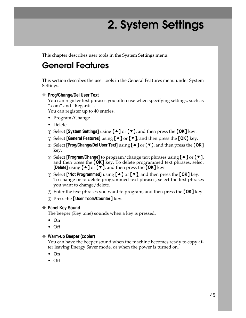 System settings, General features | Ricoh Aficio ISC 615G User Manual | Page 53 / 318