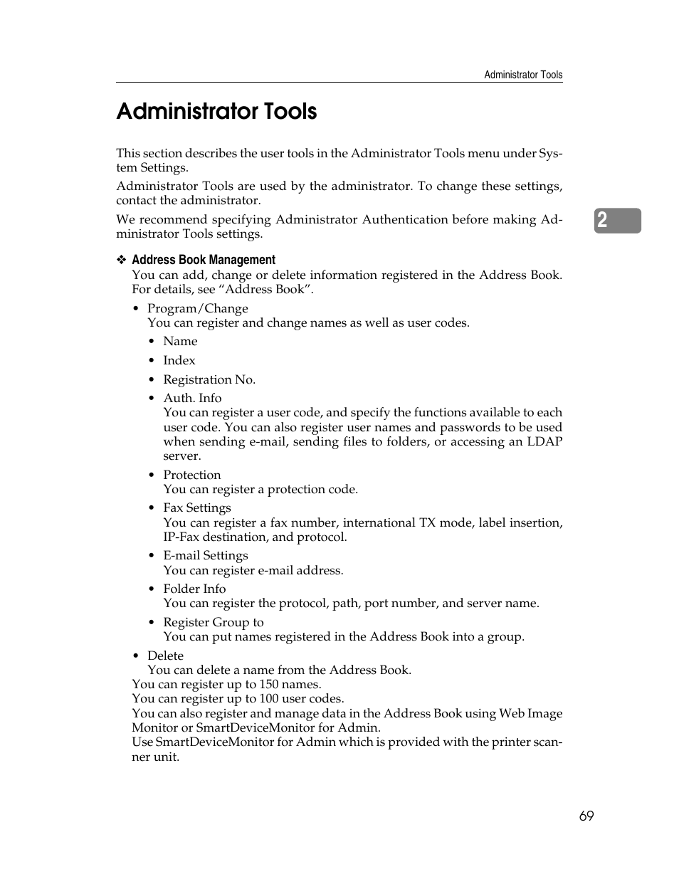 Administrator tools, 2administrator tools | Ricoh Aficio ISC 615G User Manual | Page 77 / 318