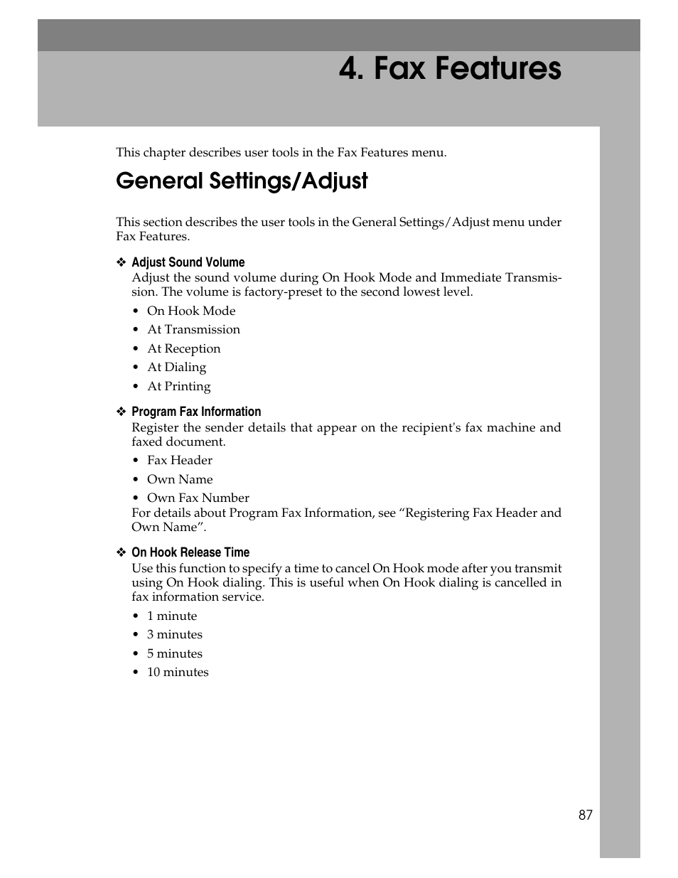 Fax features, General settings/adjust | Ricoh Aficio ISC 615G User Manual | Page 95 / 318
