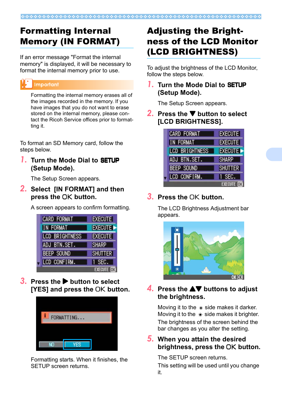 Formatting internal memory (in format), P.105 | Ricoh Caplio RX User Manual | Page 105 / 183