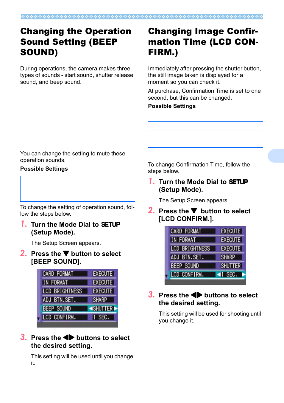 Changing the operation sound setting (beep sound), Changing image confirmation time (lcd confirm.), Nd, see p.107 | P.107, 7changing the operation sound setting (beep sound) | Ricoh Caplio RX User Manual | Page 107 / 183