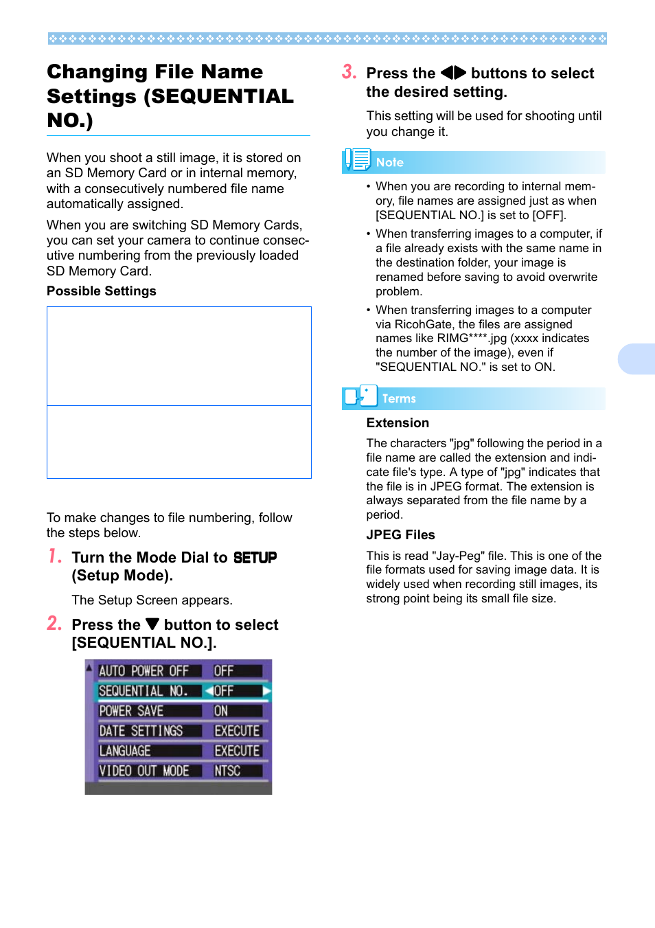 Changing file name settings (sequential no.), P.109, 7changing file name settings (sequential no.) | Ricoh Caplio RX User Manual | Page 109 / 183