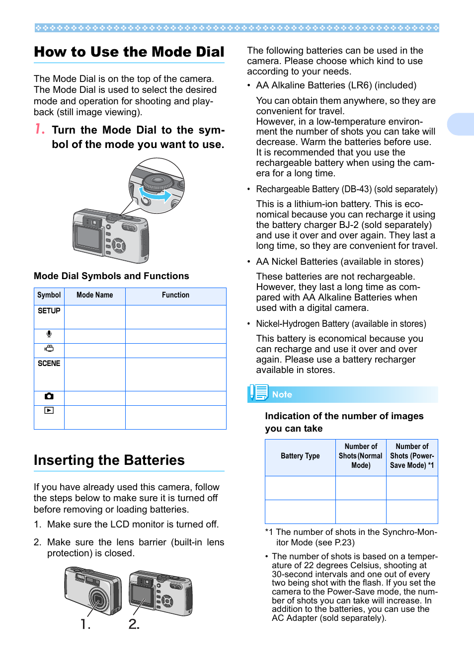 How to use the mode dial, Inserting the batteries, How to use the mode dial inserting the batteries | P.11, 1how to use the mode dial | Ricoh Caplio RX User Manual | Page 11 / 183