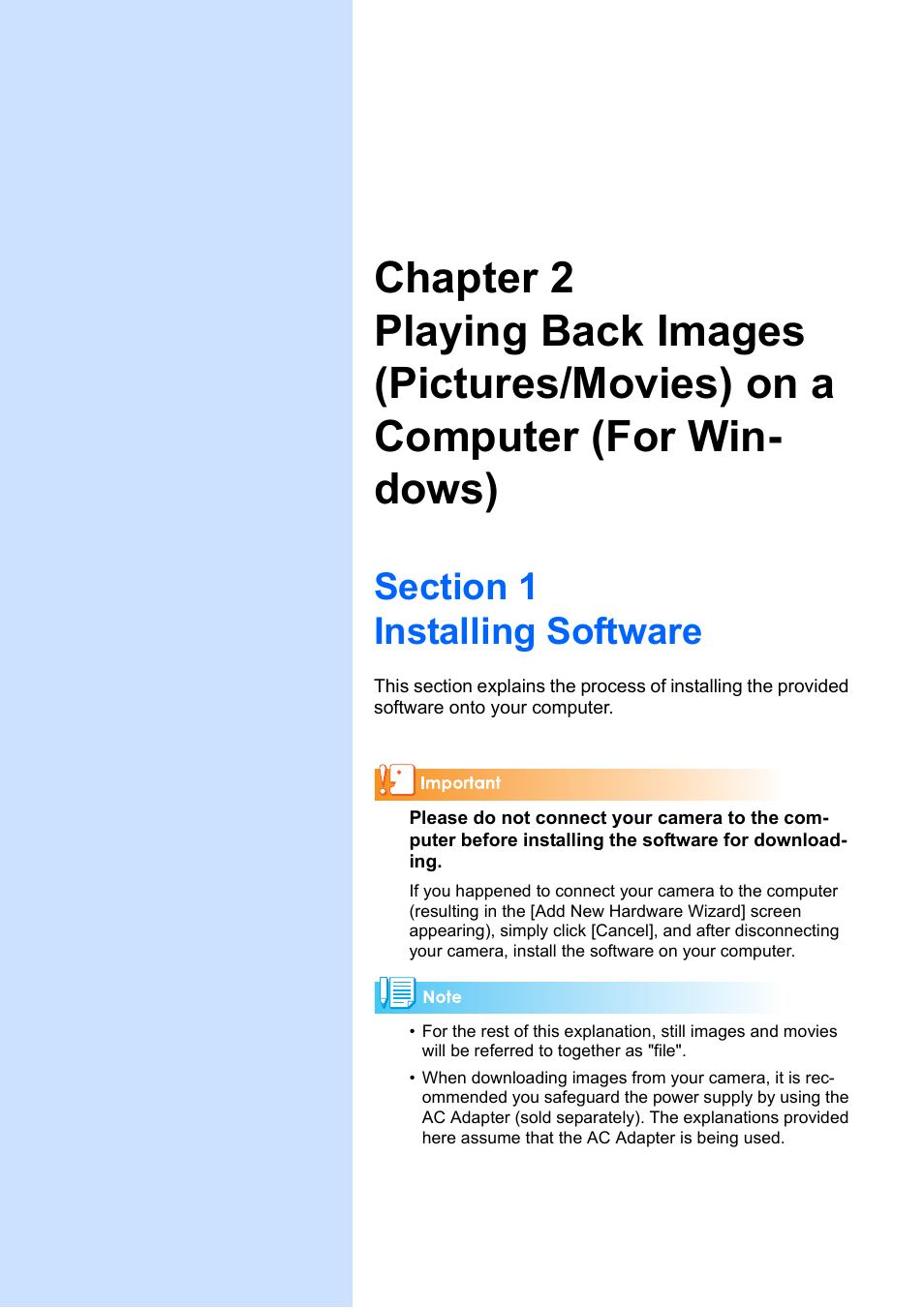 Section 1 installing software, Chapter 2 playing back images (pic, Tures/movies) on a com | Puter (for windows) | Ricoh Caplio RX User Manual | Page 113 / 183