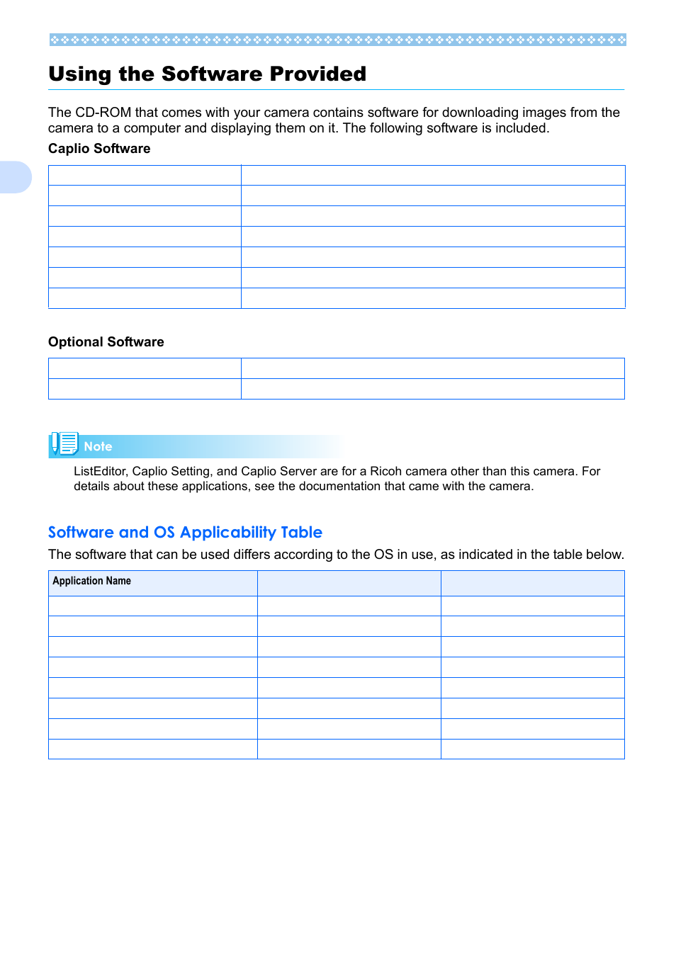 Using the software provided, Software and os applicability table, 1using the software provided | Ricoh Caplio RX User Manual | Page 114 / 183