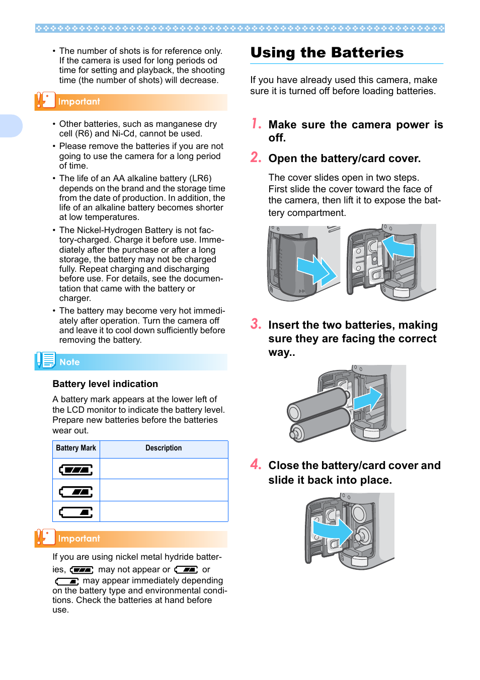 Using the batteries, Make sure the camera power is off, Open the battery/card cover | Ricoh Caplio RX User Manual | Page 12 / 183