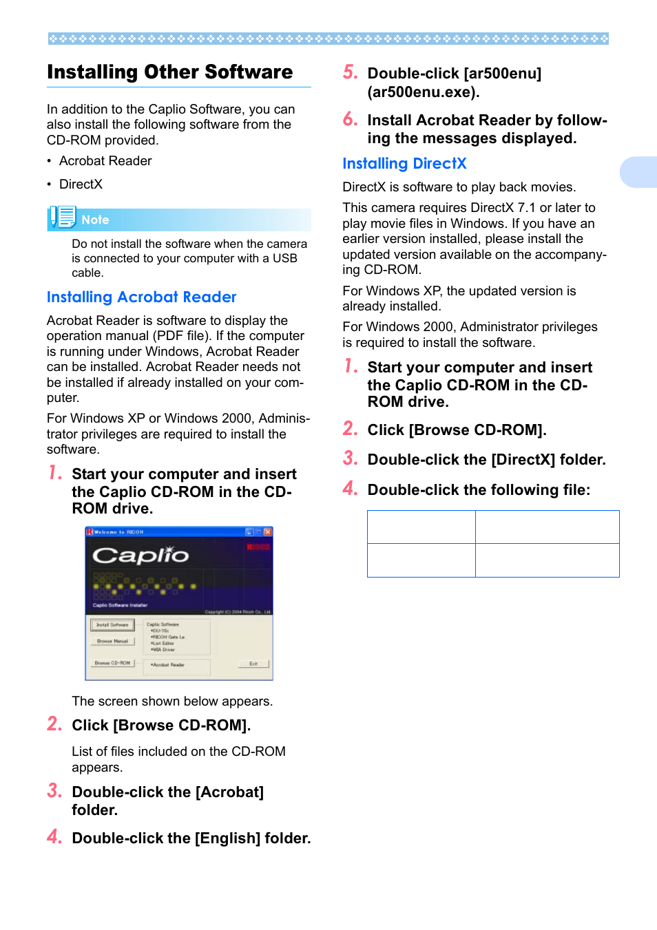 Installing other software, Installing acrobat reader, Installing directx | Installing acrobat reader installing directx, Ee p.121, E p.121, 1installing other software | Ricoh Caplio RX User Manual | Page 121 / 183