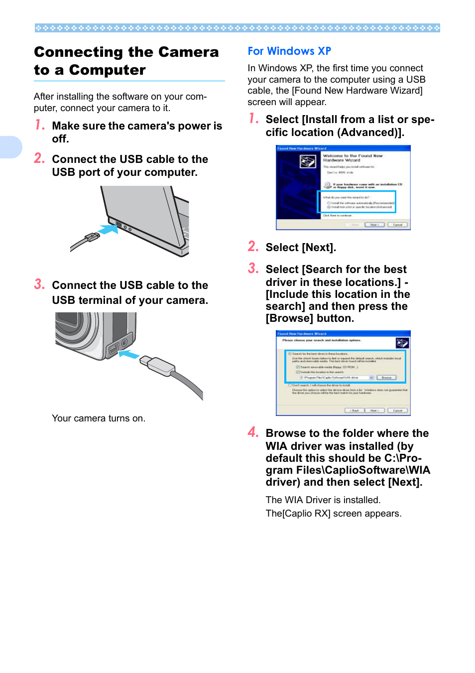 Connecting the camera to a computer, For windows xp, P.124 | 2connecting the camera to a computer | Ricoh Caplio RX User Manual | Page 124 / 183