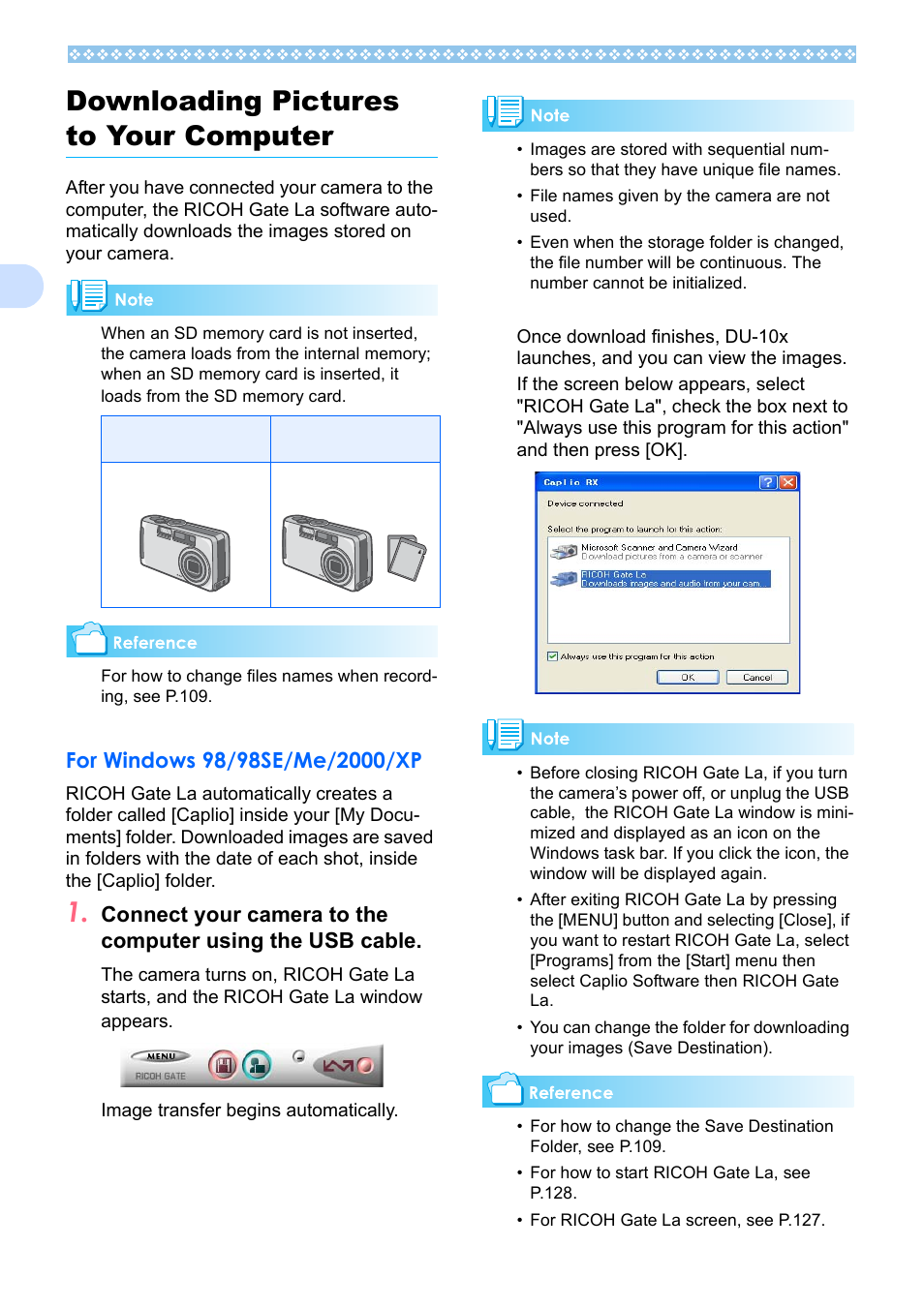 Downloading pictures to your computer, For windows 98/98se/me/2000/xp, P.126 | E p.126, 2downloading pictures to your computer | Ricoh Caplio RX User Manual | Page 126 / 183