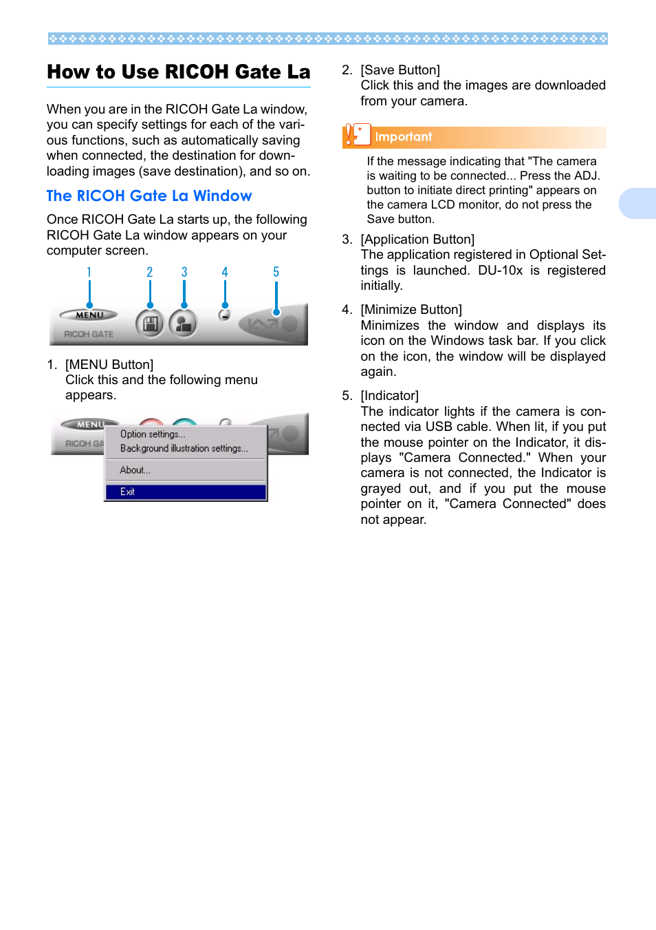 How to use ricoh gate la, The ricoh gate la window, See p.127 | 2how to use ricoh gate la | Ricoh Caplio RX User Manual | Page 127 / 183