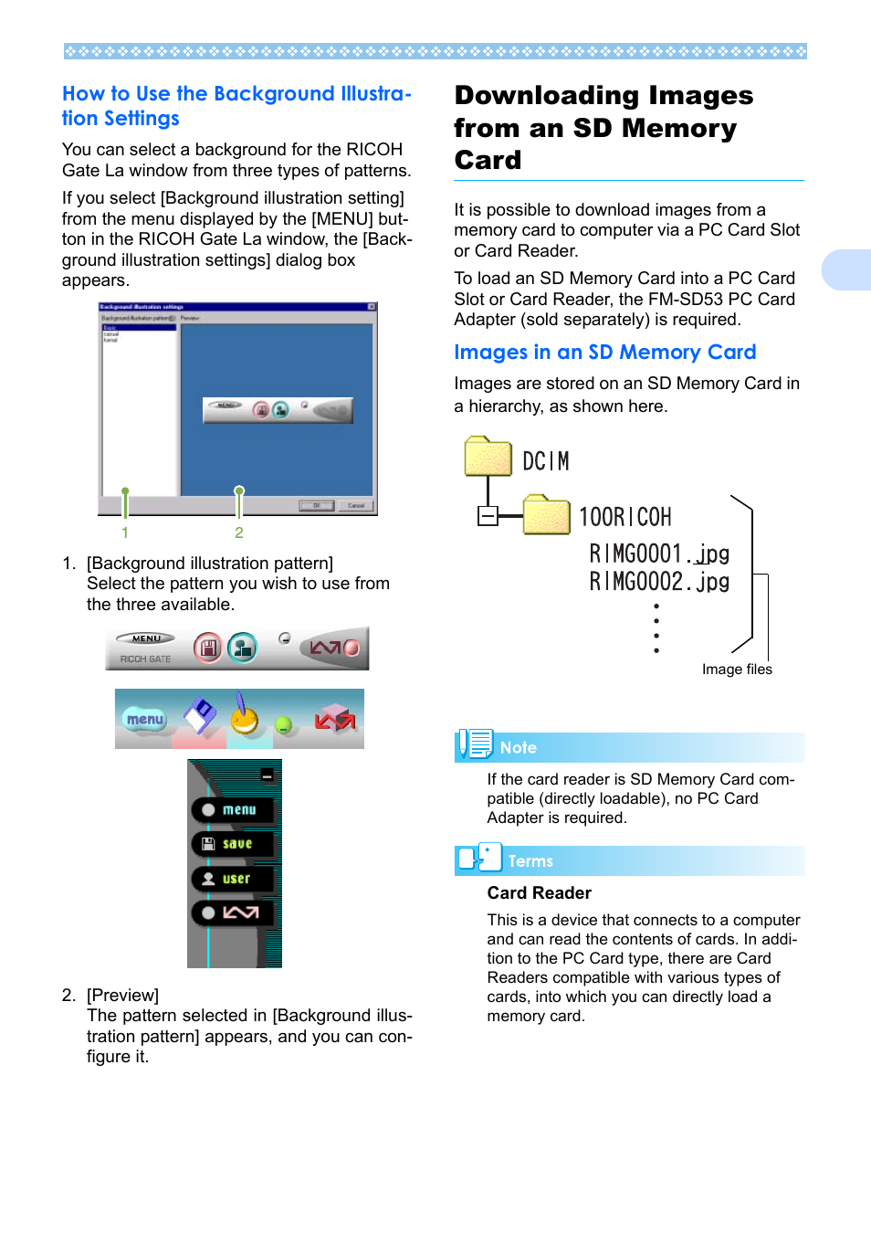 How to use the background illustration settings, Downloading images from an sd memory card, Images in an sd memory card | Downloading images from an sd memory card 129, E p.129 | Ricoh Caplio RX User Manual | Page 129 / 183