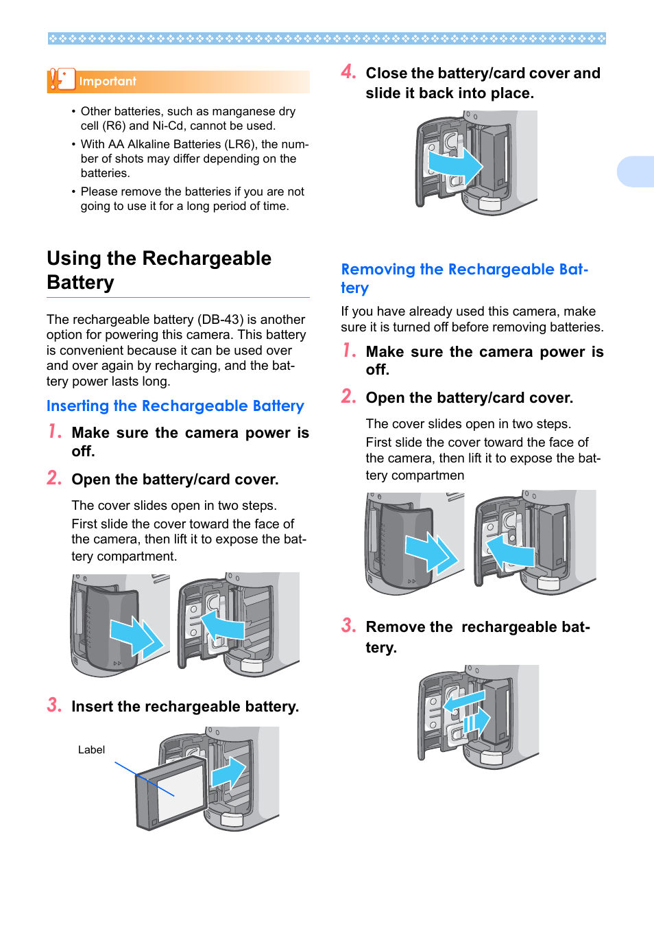 Using the rechargeable battery, Inserting the rechargeable battery, Removing the rechargeable battery | Ricoh Caplio RX User Manual | Page 13 / 183