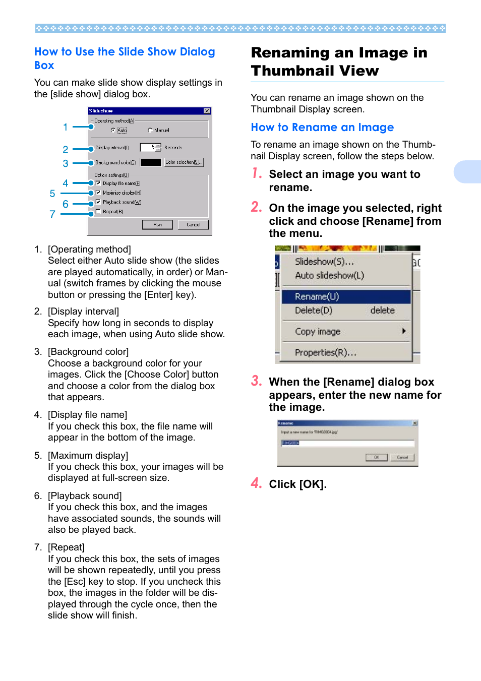 How to use the slide show dialog box, Renaming an image in thumbnail view, How to rename an image | Ricoh Caplio RX User Manual | Page 137 / 183