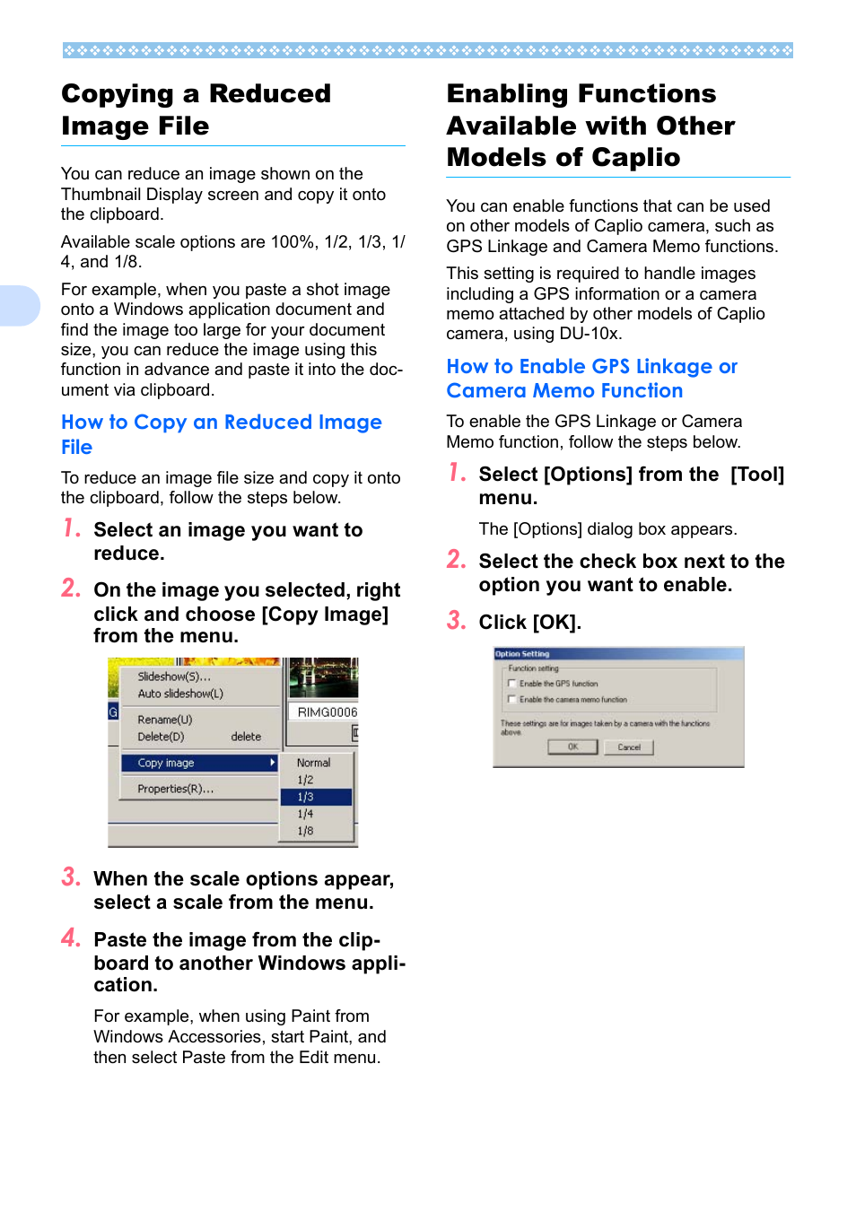 Copying a reduced image file, How to copy an reduced image file, How to enable gps linkage or camera memo function | 3copying a reduced image file | Ricoh Caplio RX User Manual | Page 138 / 183