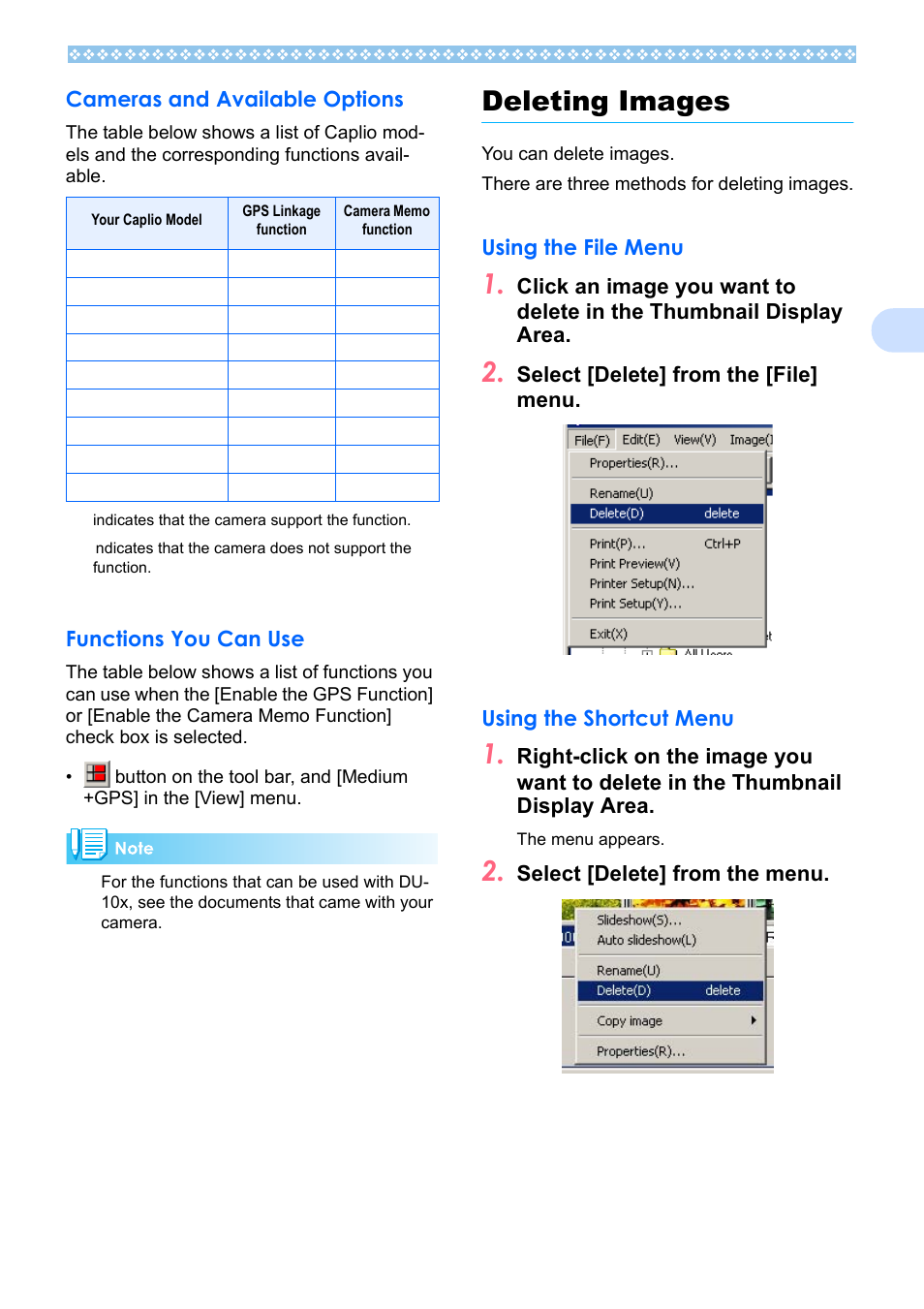 Cameras and available options, Functions you can use, Deleting images | Using the file menu, Using the shortcut menu, Using the file menu using the shortcut menu, Select [delete] from the menu | Ricoh Caplio RX User Manual | Page 139 / 183