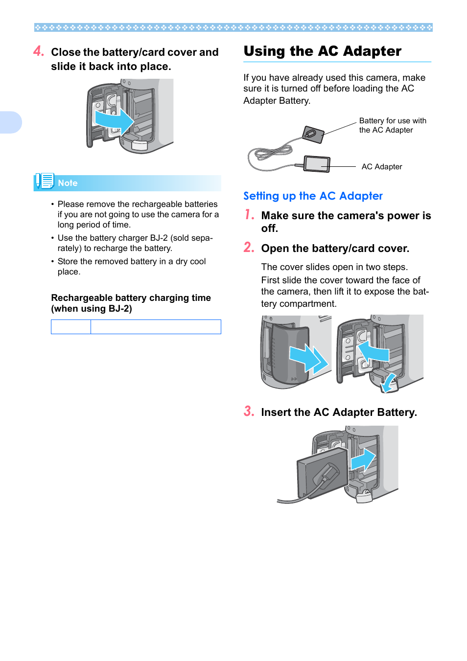 Using the ac adapter, Setting up the ac adapter | Ricoh Caplio RX User Manual | Page 14 / 183
