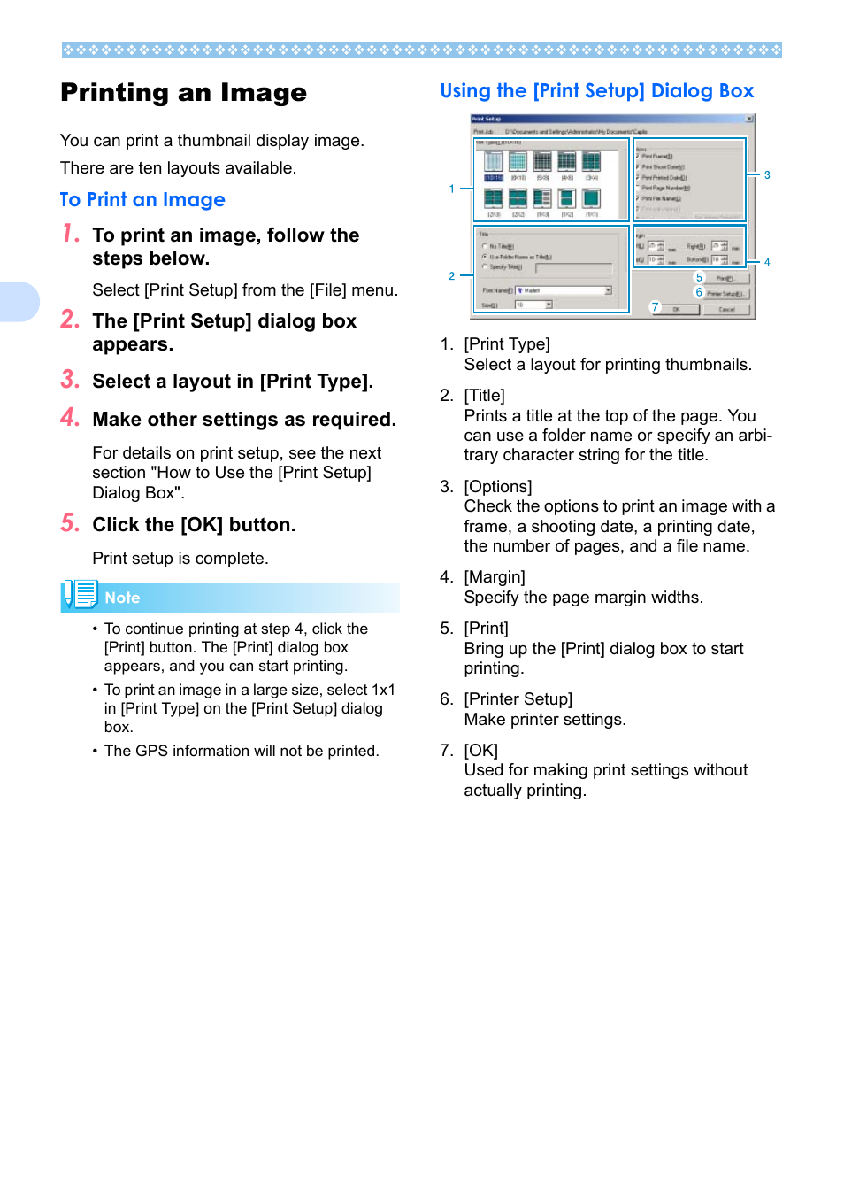 Printing an image, To print an image, Using the [print setup] dialog box | 3printing an image | Ricoh Caplio RX User Manual | Page 142 / 183