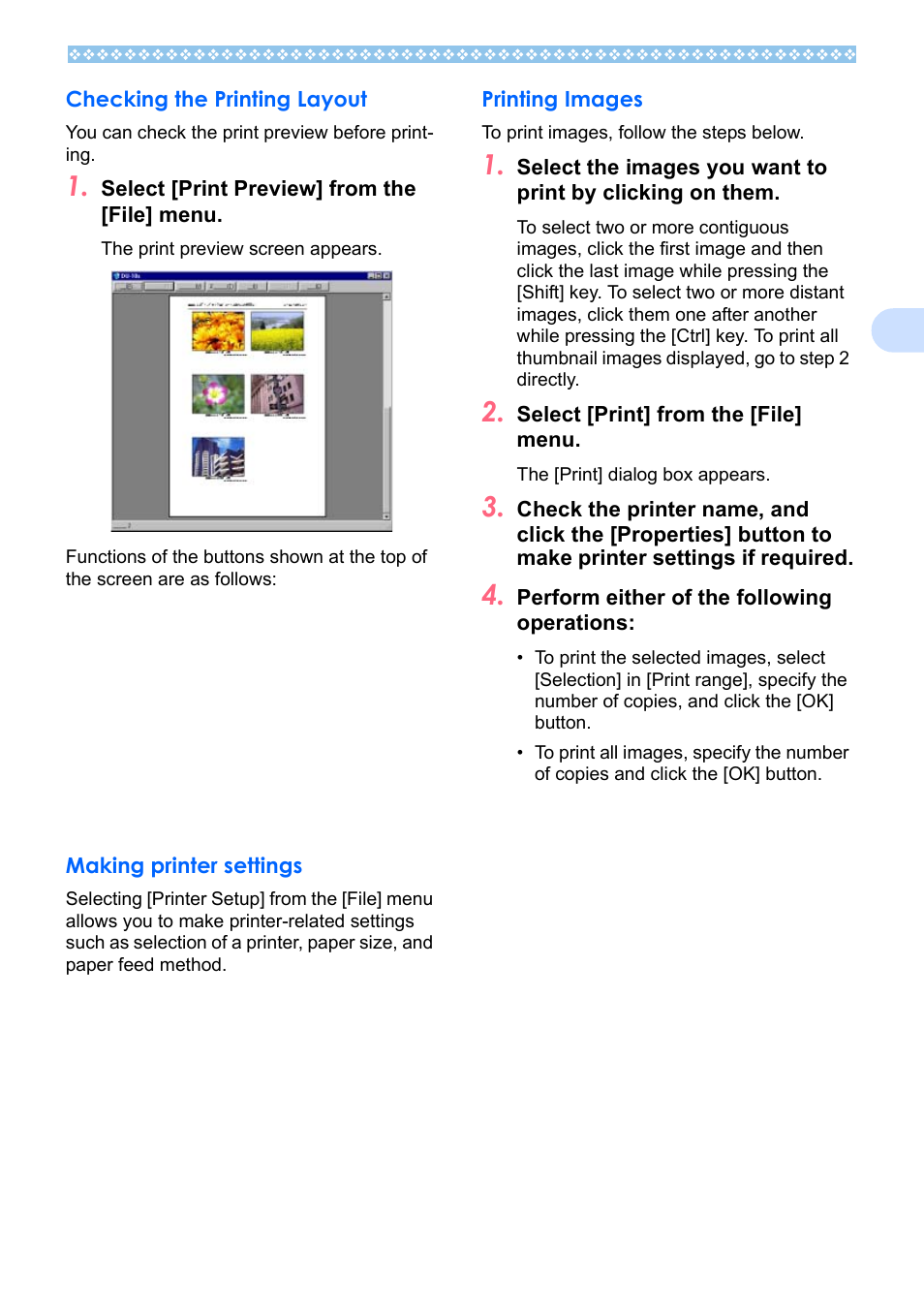 Checking the printing layout, Making printer settings, Printing images | Ricoh Caplio RX User Manual | Page 143 / 183