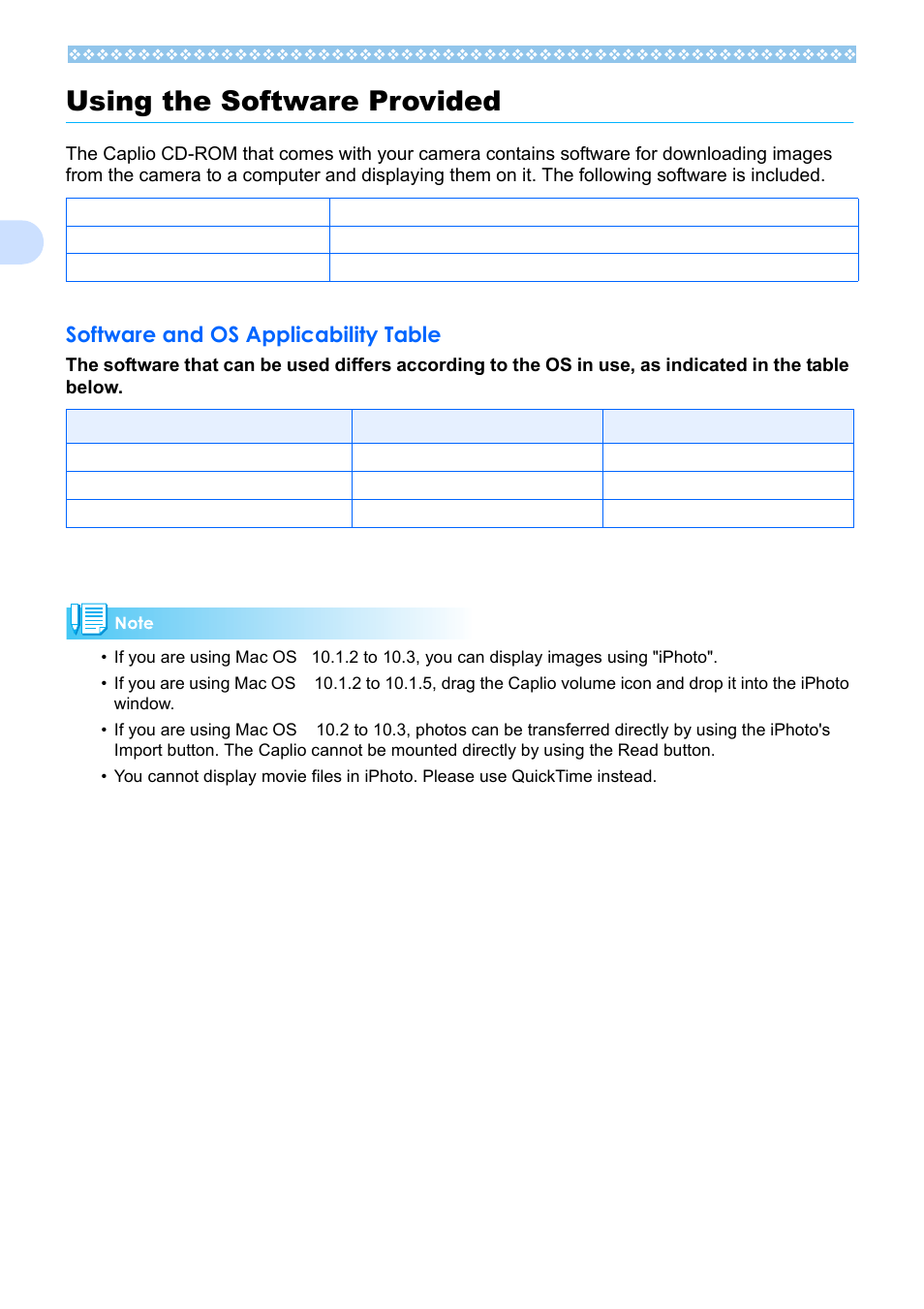 Using the software provided, Software and os applicability table, 1using the software provided | Ricoh Caplio RX User Manual | Page 146 / 183