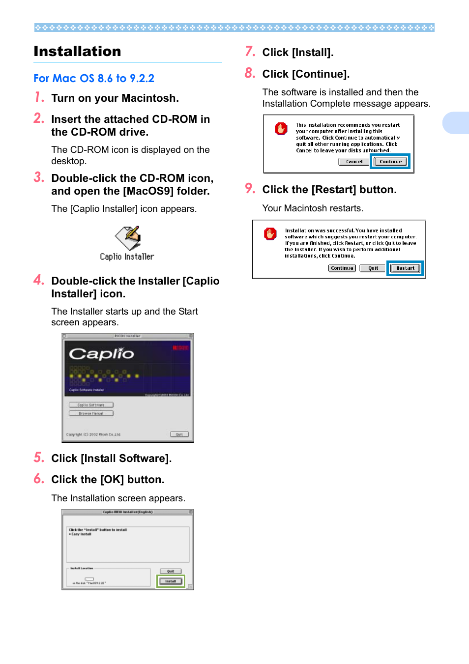 Installation, For mac os 8.6 to 9.2.2, E p.149 | 1installation | Ricoh Caplio RX User Manual | Page 149 / 183