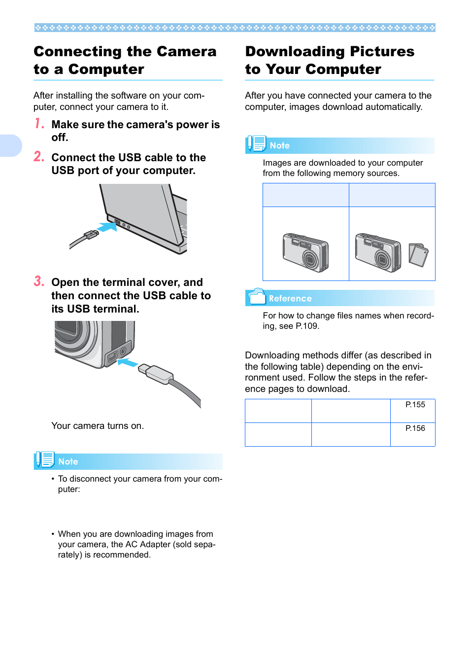 Connecting the camera to a computer, Downloading pictures to your computer, P.154) | P.154, Ee p.154, 2connecting the camera to a computer | Ricoh Caplio RX User Manual | Page 154 / 183