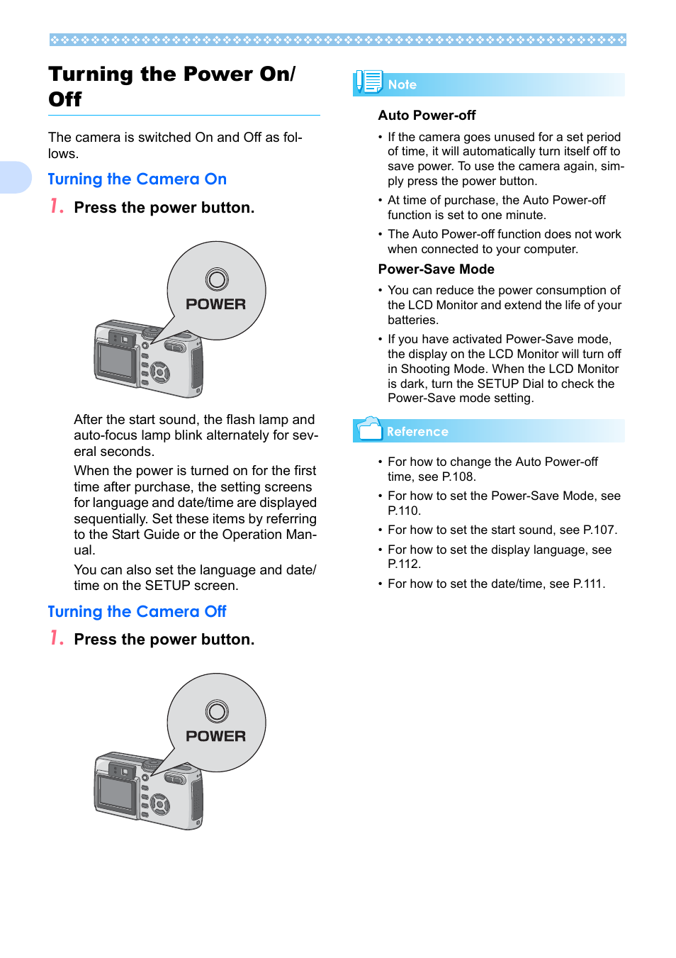 Turning the power on/ off, Turning the camera on, Turning the camera off | Turning the power on/off, Turning the camera on turning the camera off, P.16, 1turning the power on/ off | Ricoh Caplio RX User Manual | Page 16 / 183