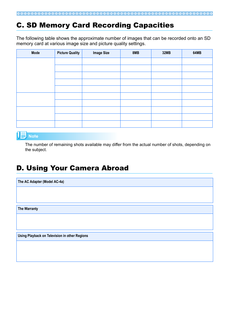 C. sd memory card recording capacities, D. using your camera abroad | Ricoh Caplio RX User Manual | Page 162 / 183