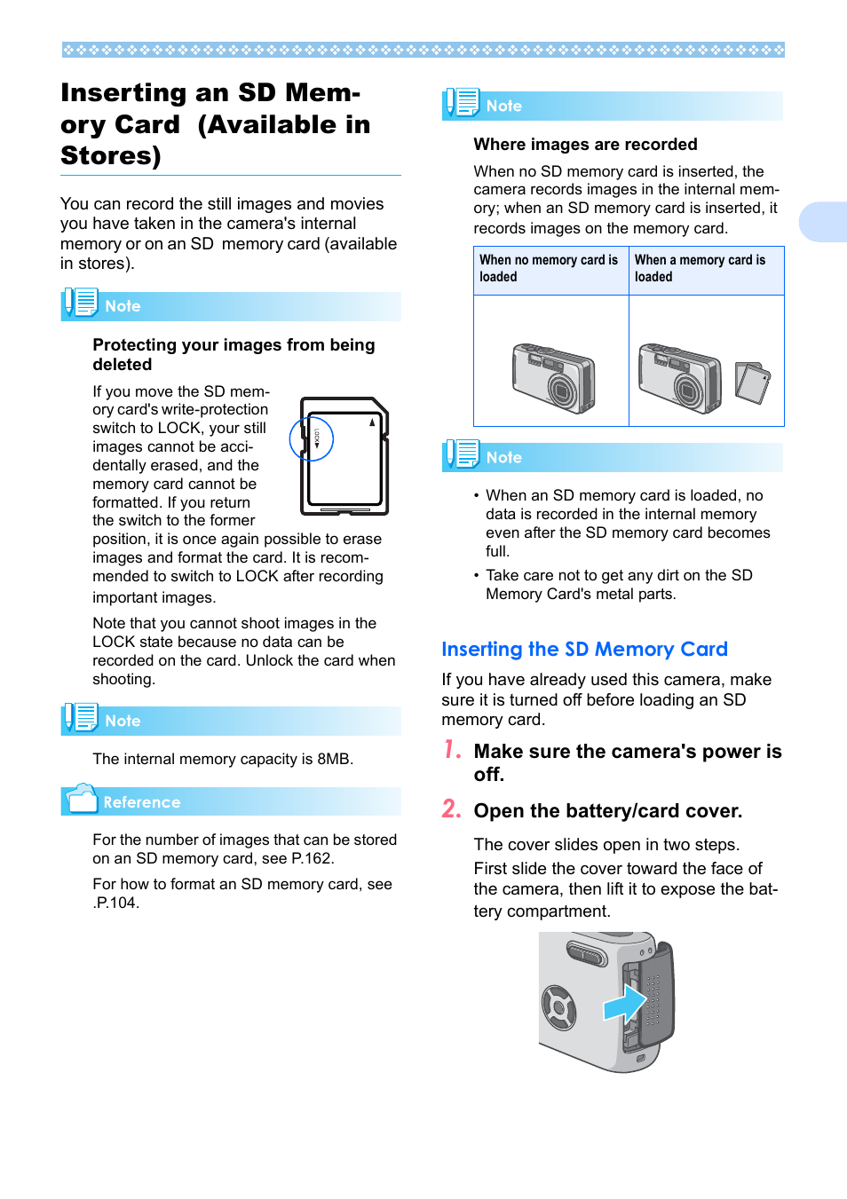 Inserting an sd memory card (available in stores), Inserting the sd memory card | Ricoh Caplio RX User Manual | Page 17 / 183