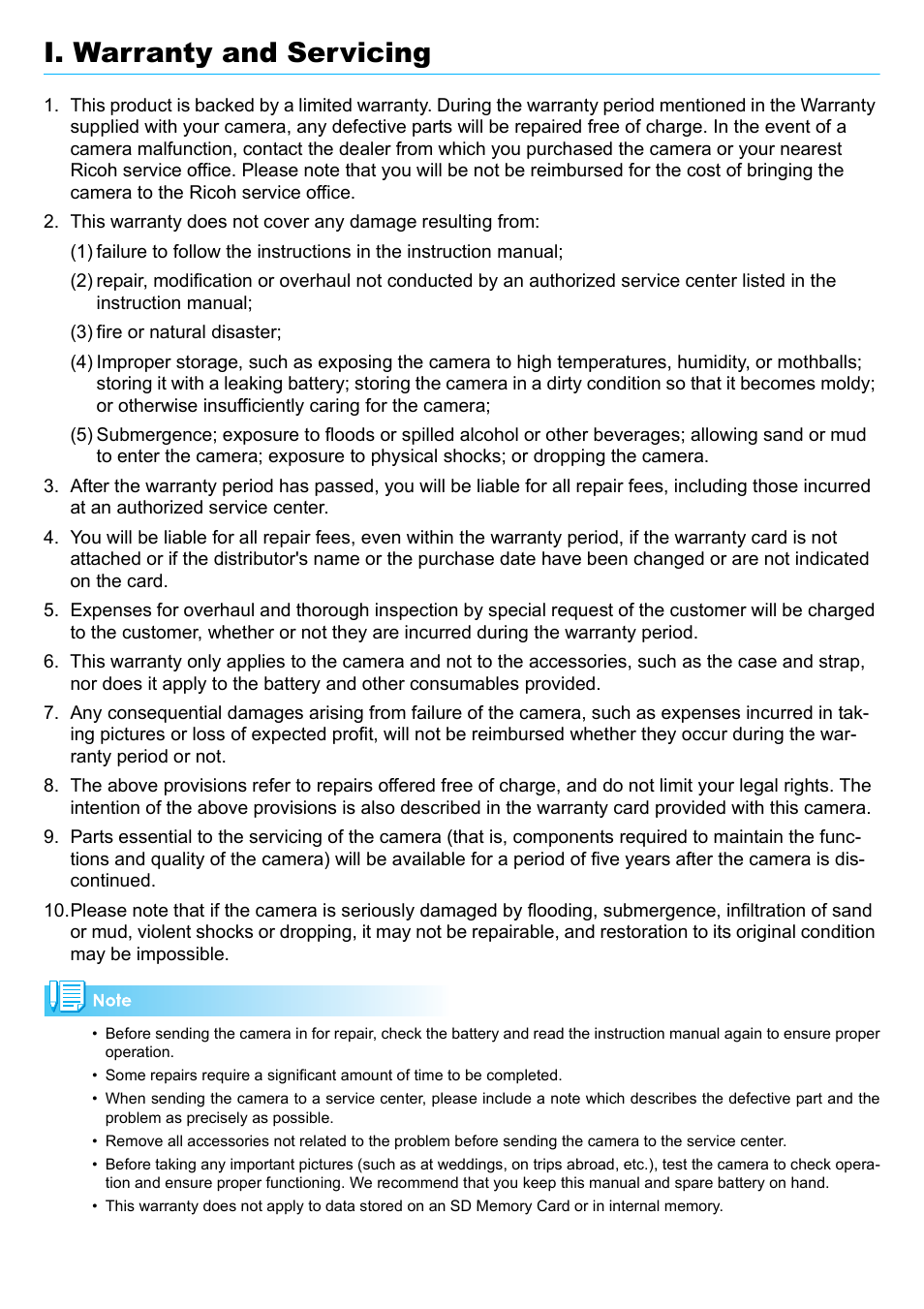 I. warranty and servicing | Ricoh Caplio RX User Manual | Page 176 / 183