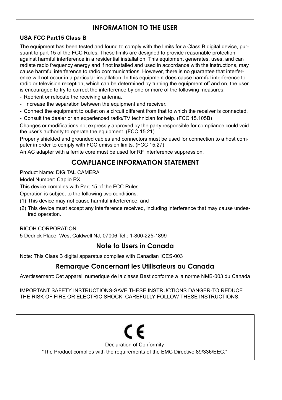 Information to the user, Compliance information statement, Remarque concernant les utilisateurs au canada | Ricoh Caplio RX User Manual | Page 177 / 183