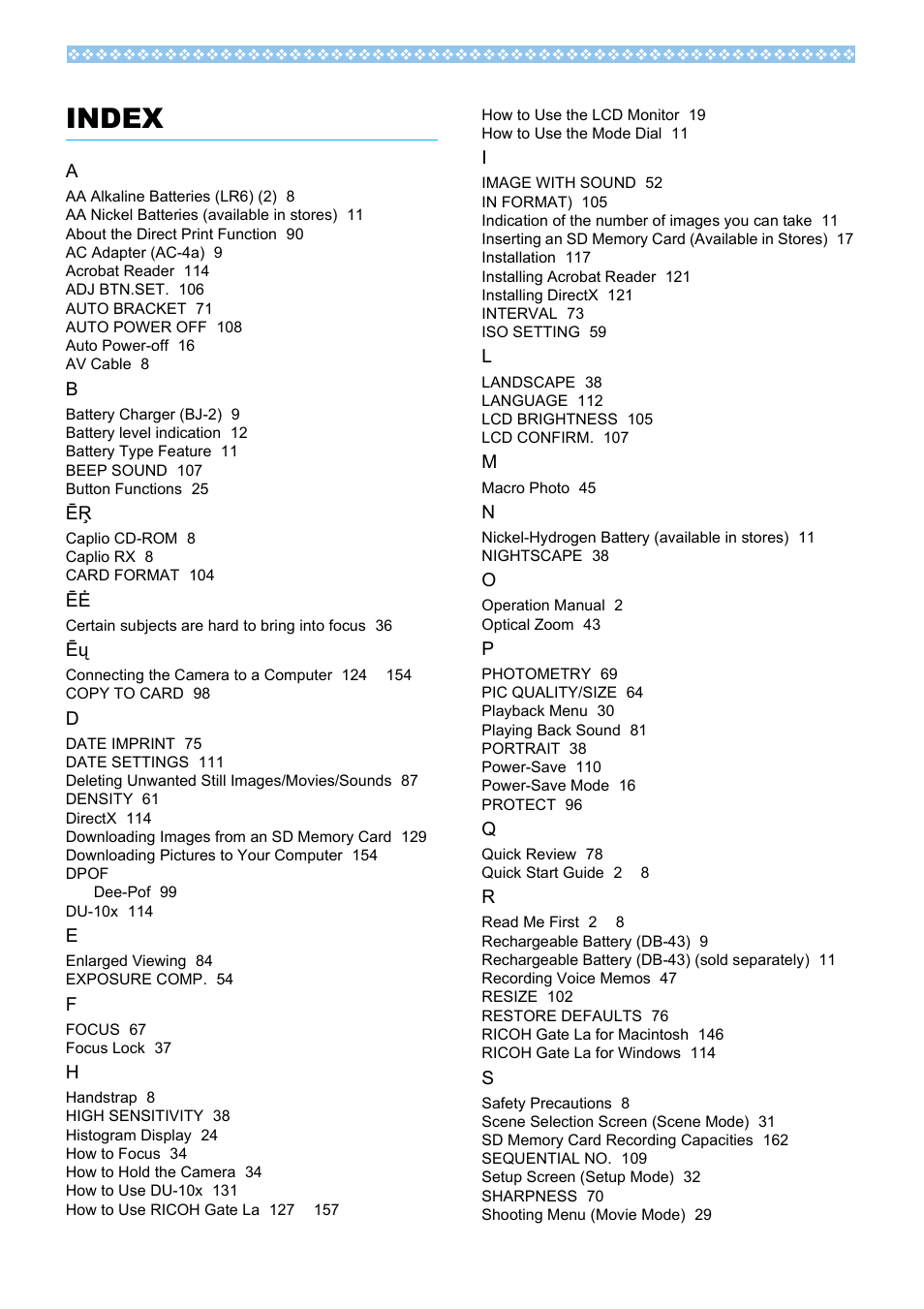 Index | Ricoh Caplio RX User Manual | Page 179 / 183