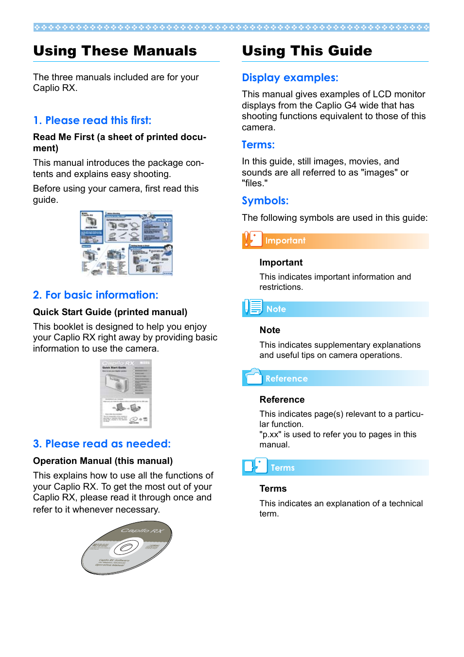 Using these manuals, Please read this first, For basic information | Please read as needed, Using this guide, Display examples, Terms, Symbols | Ricoh Caplio RX User Manual | Page 2 / 183