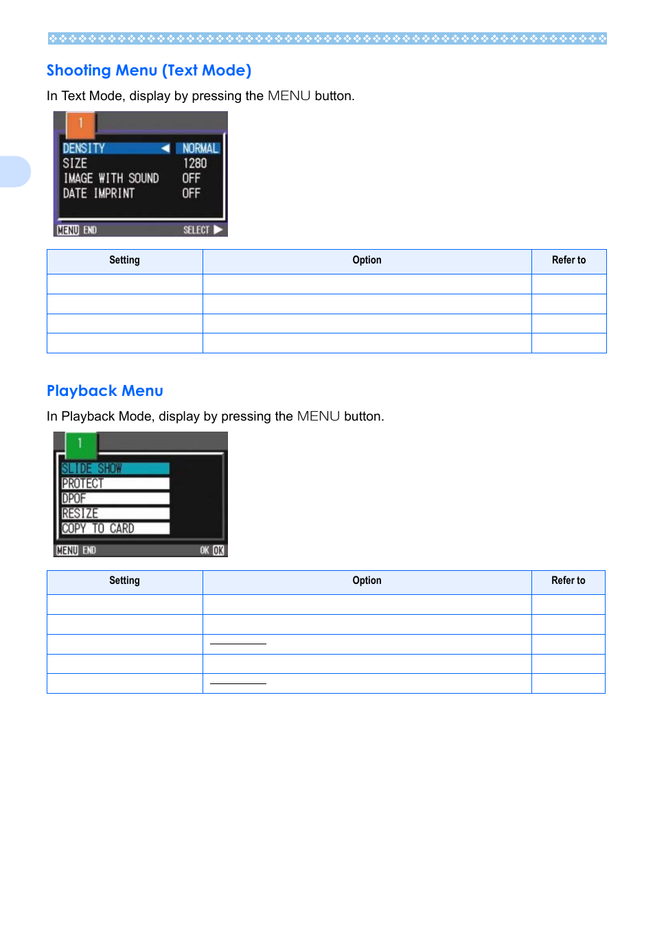 Shooting menu (text mode), Playback menu, Shooting menu (text mode) playback menu | Ricoh Caplio RX User Manual | Page 30 / 183