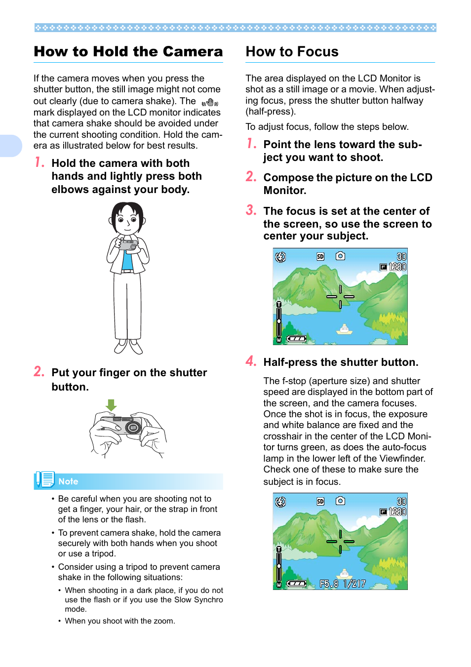 How to hold the camera, How to focus, How to hold the camera how to focus | P.34, 2how to hold the camera | Ricoh Caplio RX User Manual | Page 34 / 183