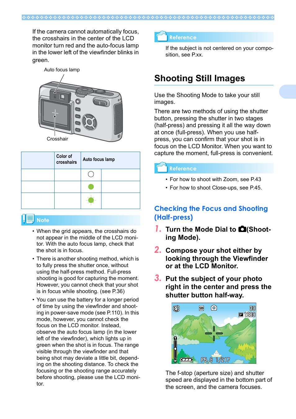 Shooting still images, Checking the focus and shooting (half-press), P.35 | Ricoh Caplio RX User Manual | Page 35 / 183