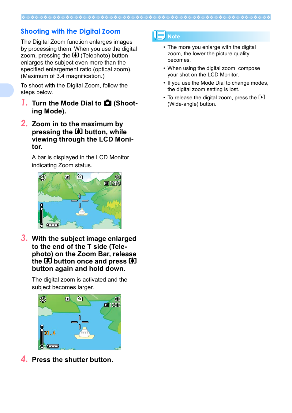 Shooting with the digital zoom | Ricoh Caplio RX User Manual | Page 44 / 183