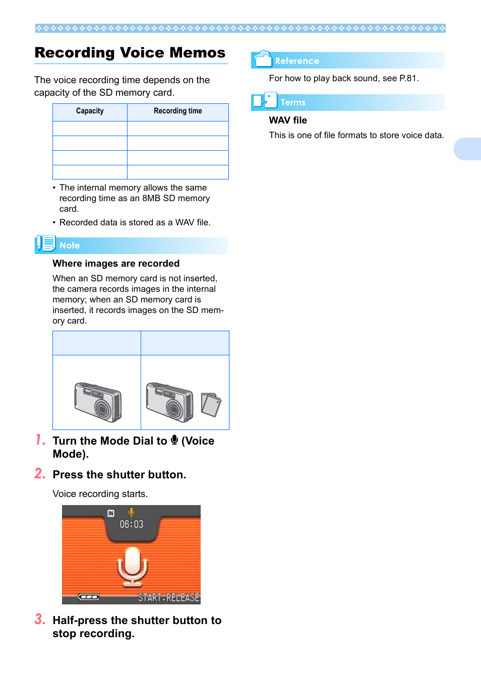 Recording voice memos, Ee p.47, P.47 | Ricoh Caplio RX User Manual | Page 47 / 183