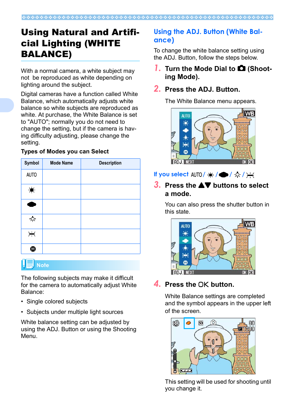 Using the adj. button (white balance), P.56, 56, and p | E p.56 | Ricoh Caplio RX User Manual | Page 56 / 183