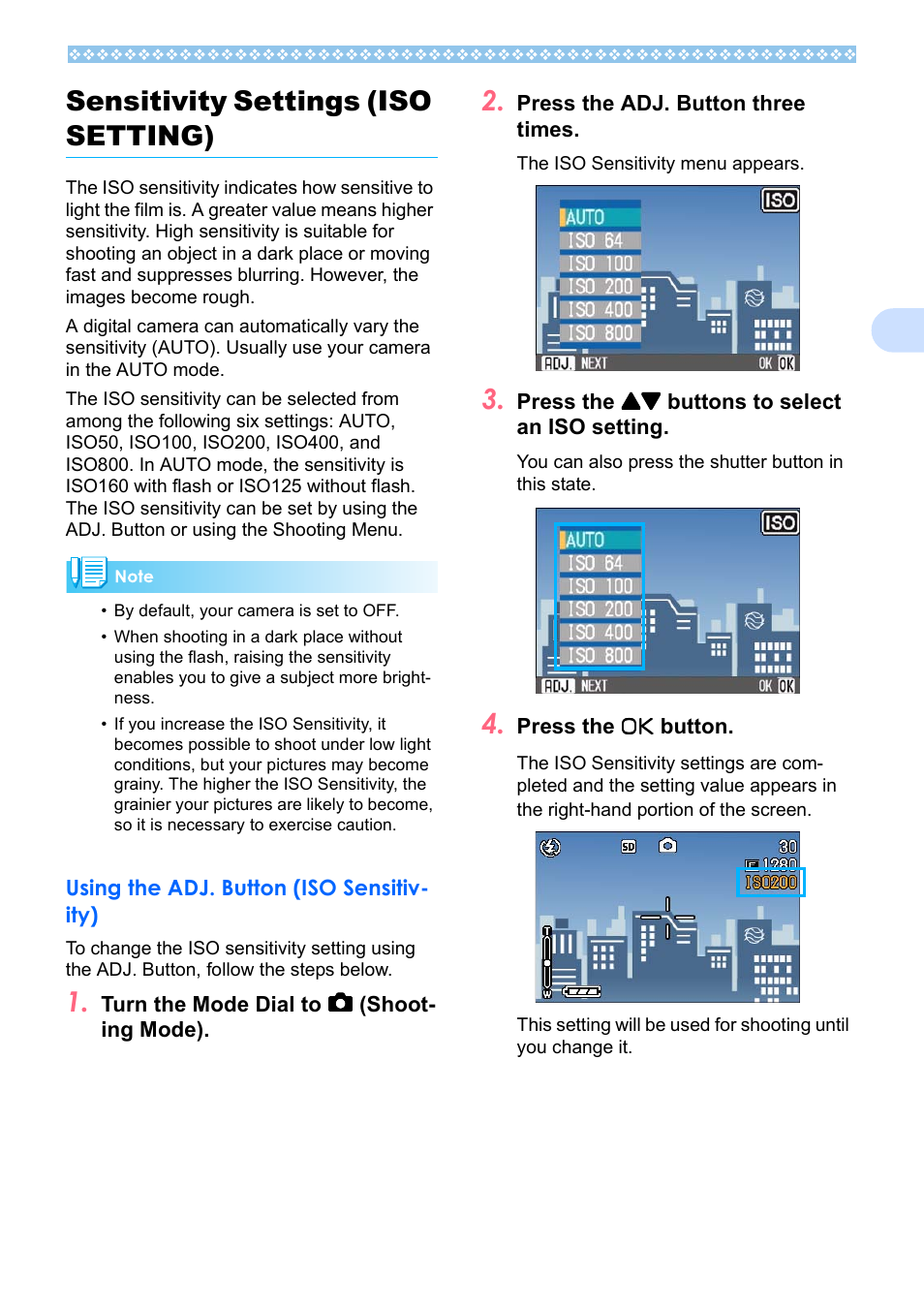 Sensitivity settings (iso setting), Using the adj. button (iso sensitivity), P.59 | 59). p, 3sensitivity settings (iso setting) | Ricoh Caplio RX User Manual | Page 59 / 183