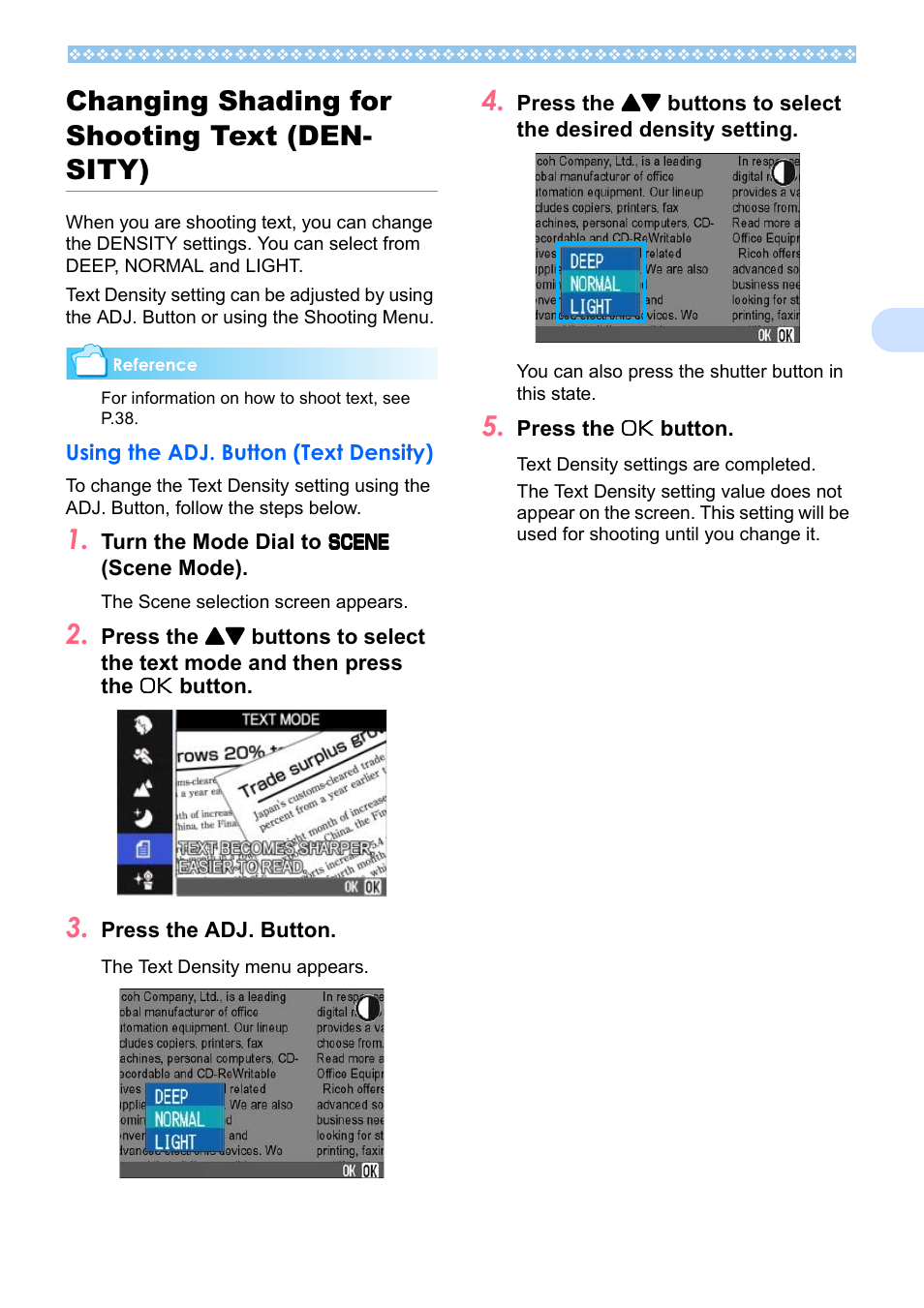 Changing shading for shooting text (density), Using the adj. button (text density), Changing shading for shooting text (density) 61 | P.61, De, see p.61, 3changing shading for shooting text (den- sity) | Ricoh Caplio RX User Manual | Page 61 / 183