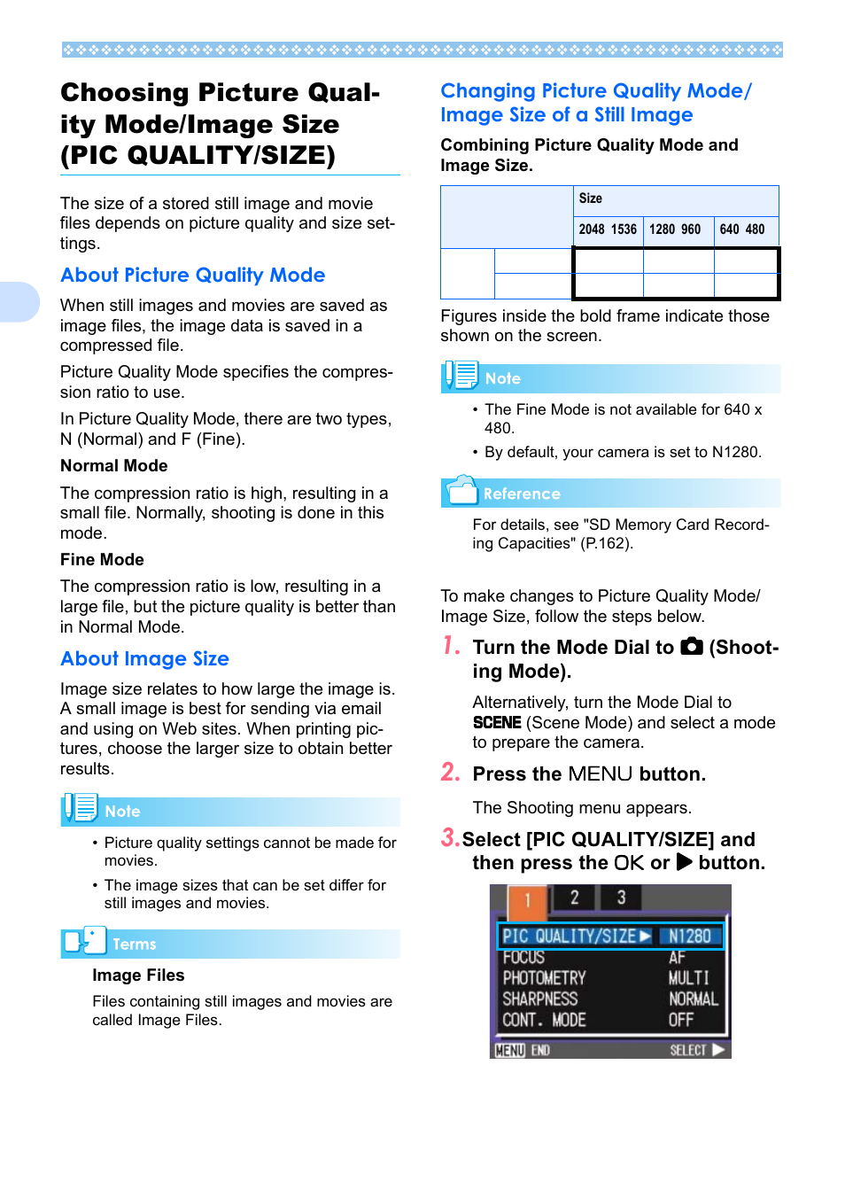 About picture quality mode, About image size, P.64 | Ricoh Caplio RX User Manual | Page 64 / 183