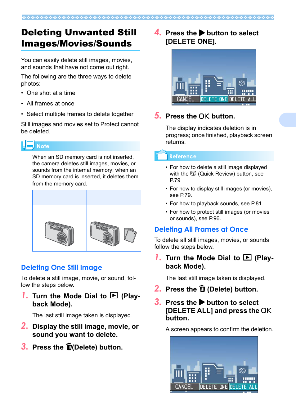 Deleting unwanted still images/movies/sounds, Deleting one still image, Deleting all frames at once | P.87, Ee p.87), 4deleting unwanted still images/movies/sounds | Ricoh Caplio RX User Manual | Page 87 / 183