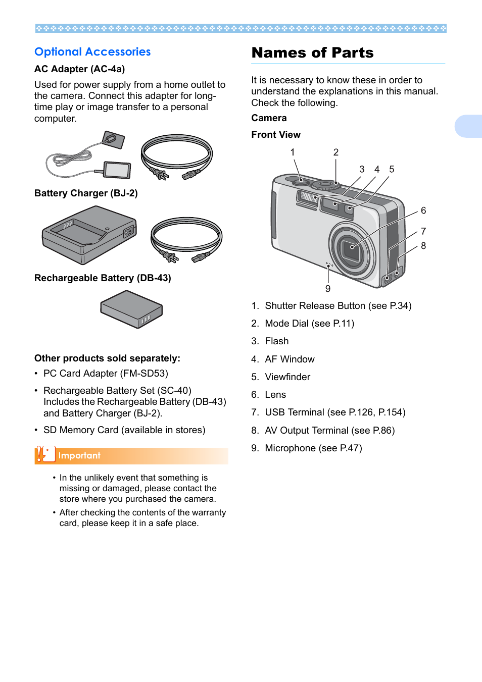 Optional accessories, Names of parts | Ricoh Caplio RX User Manual | Page 9 / 183